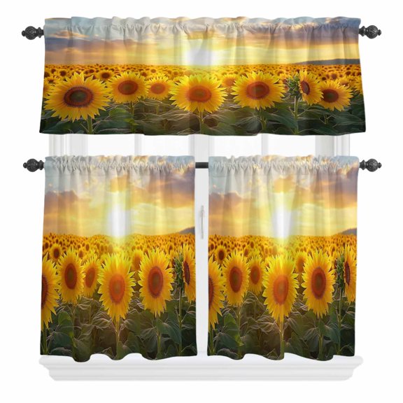 3 Piece Kitchen Curtains and Valances Set Sunflower Field Cafe Curtains 24 Inch Length Summer Pastoral Rustic Botanical Floral Valance & Tier Curtain for Living Room Bedroom Window 54"x18"+27"x24"*2