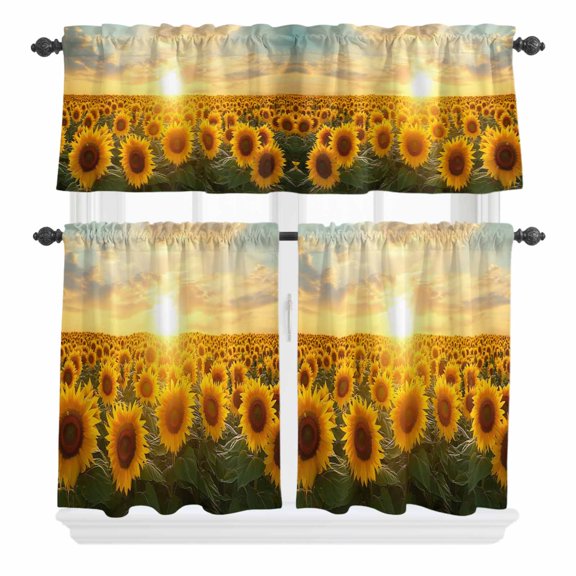 3 Piece Kitchen Curtains and Valances Set Sunflower Field Cafe Curtains 24 Inch Length Summer Pastoral Rustic Botanical Flower Valance & Tier Curtain for Living Room Bedroom Window 54"x18"+27"x24"*2
