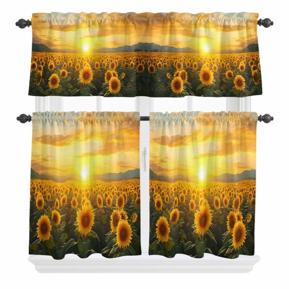 3 Piece Kitchen Curtains and Valances Set Sunflower Field Cafe Curtains 24 Inch Length Summer Vintage Sunset Botanical Floral Valance & Tier Curtain for Living Room Bedroom Window 54"x18"+27"x24"*2