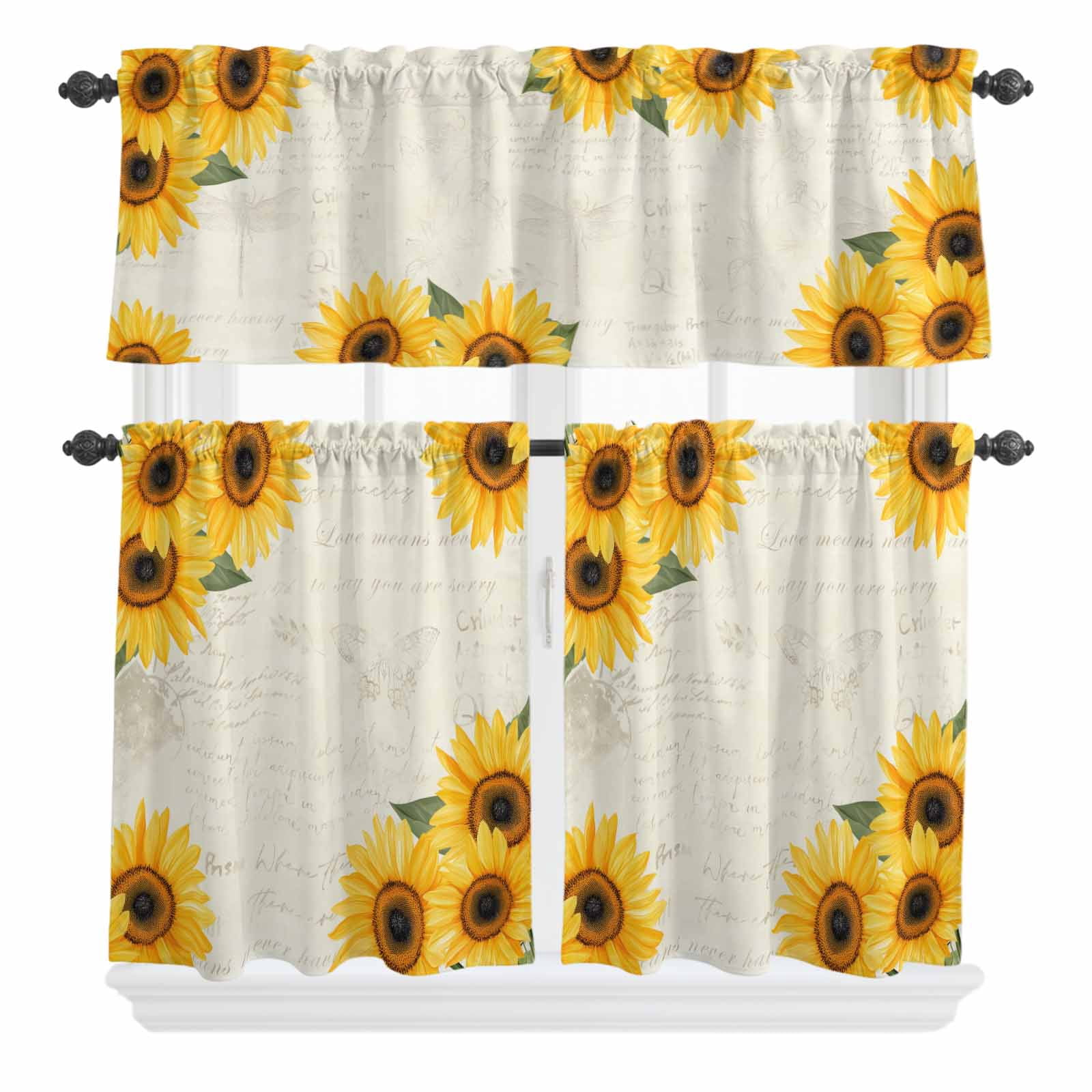 3 Piece Kitchen Curtains and Valances Set Sunflower Retro Cafe Curtains ...