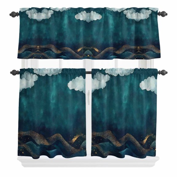 3 Piece Kitchen Curtains and Valances Set Teal Abstract Cafe Curtains 36 Inch Length Watercolor Cloud Scenery Waves Art Valance & Tier Curtain for Living Room Bedroom Small Window 54"x18"+27"x36"*2