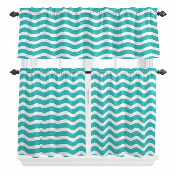 3 Piece Kitchen Curtains and Valances Set Teal Aqua Moire Ombre Cafe Curtains 24 Inch Length Water Ripple Stripe Farmhouse Valance & Tier Curtain for Living Room Bedroom Window 54"x18"+27"x24"*2