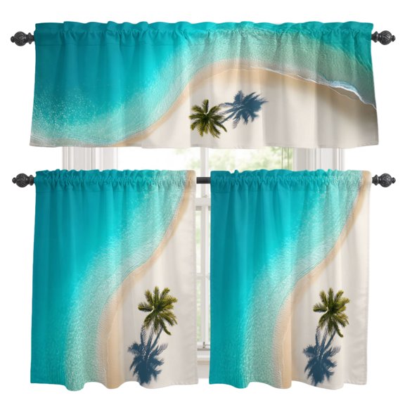 3 Piece Kitchen Curtains and Valances Set Teal Beige Beach Cafe Curtains 24 Inch Length Summer Sand Coastal Seaside Valance & Tier Curtain for Living Room Bedroom Small Window 54"x18"+27"x24"*2