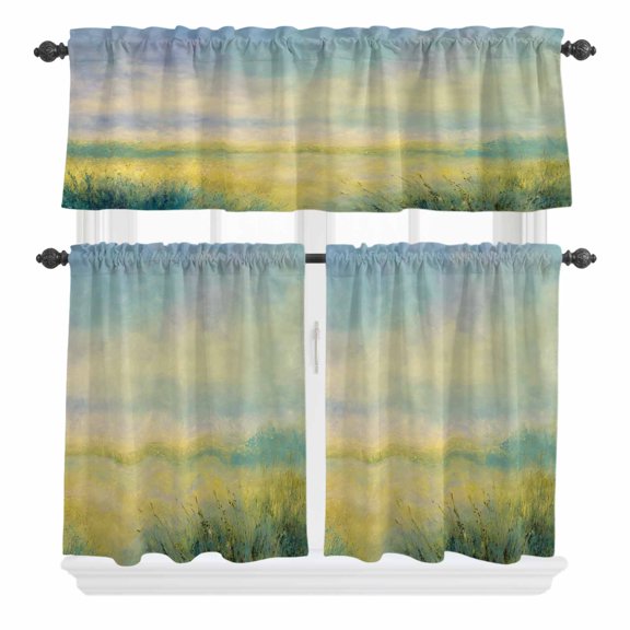 3 Piece Kitchen Curtains and Valances Set Teal Blue Field Cafe Curtains 24 Inch Length Abstract Art Oil Painting Gradient Valance & Tier Curtain for Living Room Bedroom Small Window 54"x18"+27"x24"*2