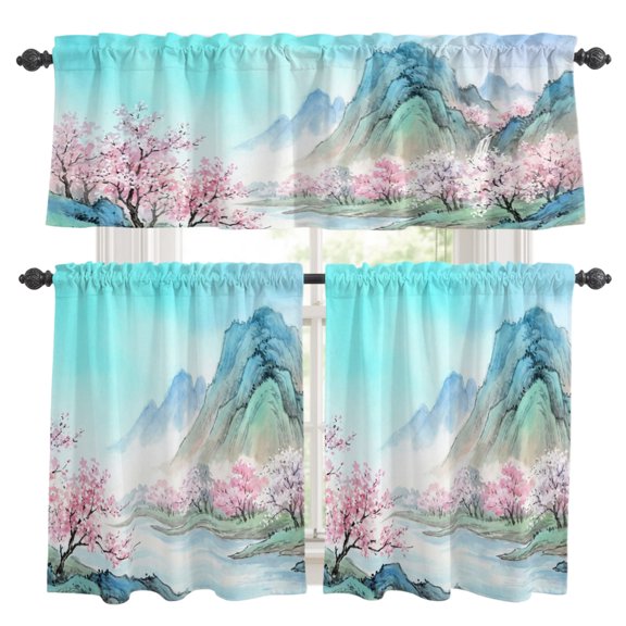 3 Piece Kitchen Curtains and Valances Set Teal Blue Mountains Cafe Curtains 36 Inch Length Pastoral Nature River Landscape Valance & Tier Curtain for Living Room Bedroom Window 54"x18"+27"x36"*2