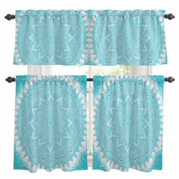 3 Piece Kitchen Curtains and Valances Set Teal Geometric Cafe Curtains ...