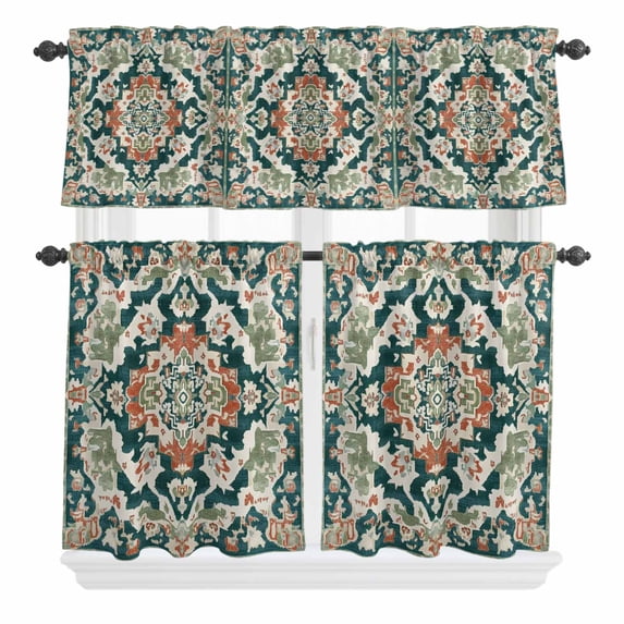 3 Piece Kitchen Curtains and Valances Set Teal Green Boho Boho Cafe Curtains 36 Inch Length Abstract Medieval Vintage Floral Valance & Tier Curtain for Living Room Bedroom Window 54"x18"+27"x36"*2