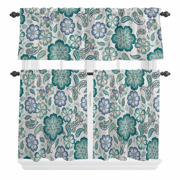 3 Piece Kitchen Curtains and Valances Set Teal Paisley Pattern Cafe Curtains 24 Inch Length Boho Ethnic Floral Traditional Valance & Tier Curtain for Living Room Bedroom Window 54"x18"+27"x24"*2