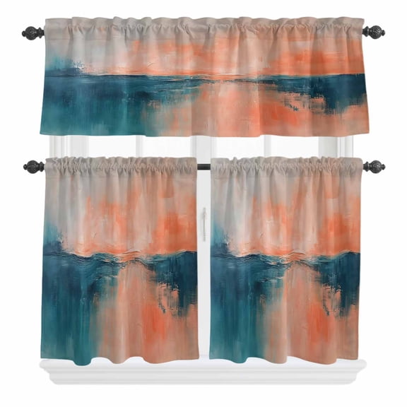 3 Piece Kitchen Curtains and Valances Set Teal Pink Cafe Curtains 24 Inch Length Modern Abstract Ombre Oil Painting Aesthetic Valance & Tier Curtain for Living Room Bedroom Window 54"x18"+27"x24"*2