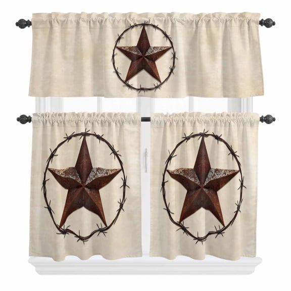 3 Piece Kitchen Curtains and Valances Set Texas Star Farmhouse Cafe Curtains 24 Inch Length Western Country Stars Retro Valance & Tier Curtain for Living Room Bedroom Small Window 54"x18"+27"x24"*2