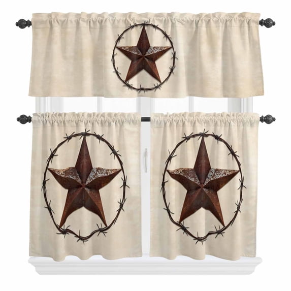 3 Piece Kitchen Curtains and Valances Set Texas Star Farmhouse Cafe Curtains 24 Inch Length Western Country Stars Retro Valance & Tier Curtain for Living Room Bedroom Small Window 54"x18"+27"x24"*2