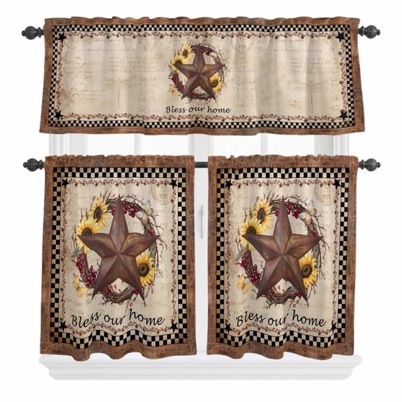 3 Piece Kitchen Curtains and Valances Set Texas Star Vintage Cafe Curtains 24 Inch Length Sunflower Checkered Stars Retro Art Valance & Tier Curtain for Living Room Bedroom Window 54"x18"+27"x24"*2