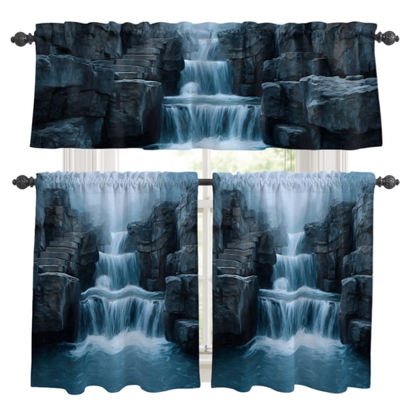 3 Piece Kitchen Curtains and Valances Set Tiered Waterfall Forest Cafe Curtains 24 Inch Length Nature Stone River Modern Valance & Tier Curtain for Living Room Bedroom Small Window 54"x18"+27"x24"*2