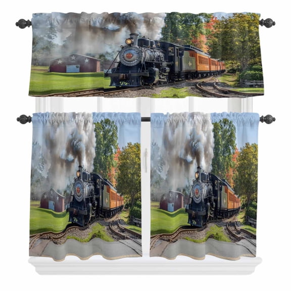3 Piece Kitchen Curtains and Valances Set Train Railway Cafe Curtains 24 Inch Length Countryside Cabin Trees Farmhouse Rustic Valance & Tier Curtain for Living Room Bedroom Window 54"x18"+27"x24"*2