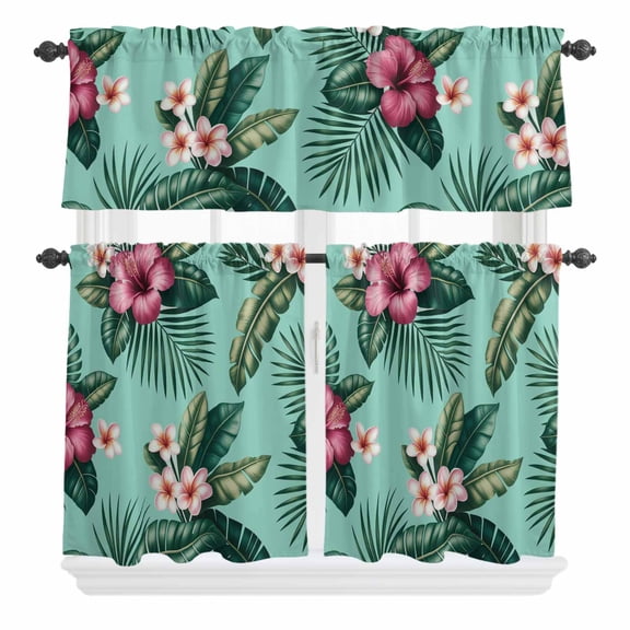 3 Piece Kitchen Curtains and Valances Set Tropical Cafe Curtains 24 Inch Length Pink Floral Green Palm Leaf Aqua Watercolor Valance & Tier Curtain for Living Room Bedroom Window 54"x18"+27"x24"*2