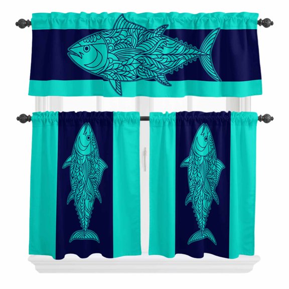 3 Piece Kitchen Curtains and Valances Set Tropical Fish Cafe Curtains 36 Inch Length Mandalas Boho Modern Green Abstract Stripe Valance & Tier Curtain for Living Room Bedroom Window 54"x18"+27"x36"*2