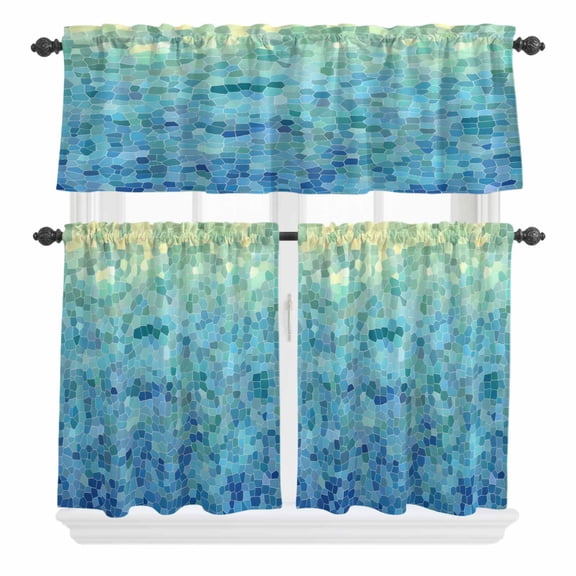 3 Piece Kitchen Curtains and Valances Set Turquoise Blue Teal Cafe Curtains 36 Inch Length Chic Stained Glass Texture Aesthetic Valance & Tier Curtain for Living Room Bedroom Window 54"x18"+27"x36"*2