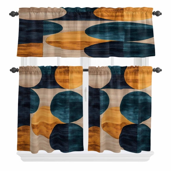 3 Piece Kitchen Curtains and Valances Set Turquoise Orange Geo Cafe Curtains 36 Inch Length Circle Modern Artwork Valance & Tier Curtain for Living Room Bedroom Small Window 54"x18"+27"x36"*2