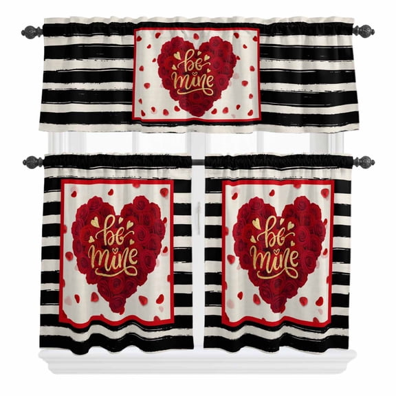 3 Piece Kitchen Curtains and Valances Set Valentine's Day Cafe Curtains 36 Inch Length Red Love Rose Floral Stripes Romantic Valance & Tier Curtain for Living Room Bedroom Window 54"x18"+27"x36"*2