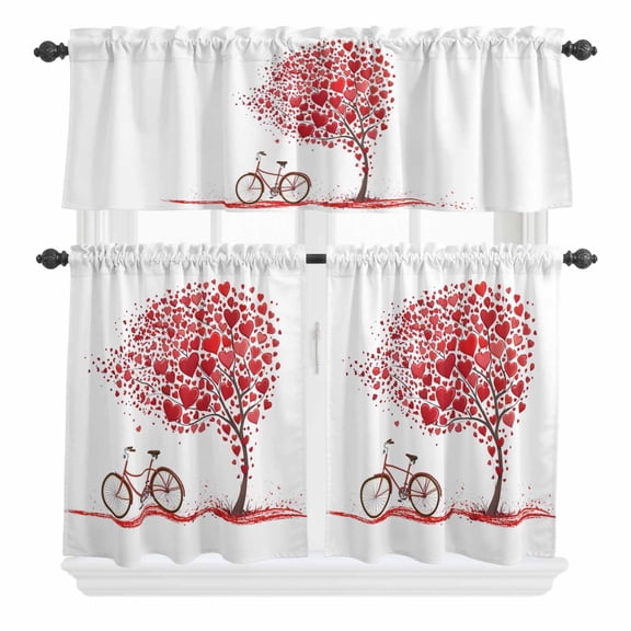 3 Piece Kitchen Curtains and Valances Set Valentine's Day Cafe Curtains 36 Inch Length Red Love Trees Branches Bike Romantic Valance & Tier Curtain for Living Room Bedroom Window 54"x18"+27"x36"*2