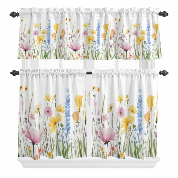 3 Piece Kitchen Curtains and Valances Set Verdant Flower Patterns Cafe Curtains 24 Inch Length Farmhouse Botanical Valance & Tier Curtain for Living Room Bedroom Small Window 54"x18"+27"x24"*2