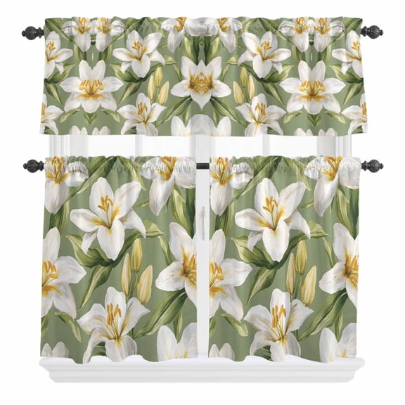 3 Piece Kitchen Curtains and Valances Set Verdant Flower Patterns Cafe Curtains 24 Inch Length Green White Spring Floral Valance & Tier Curtain for Living Room Bedroom Small Window 54"x18"+27"x24"*2