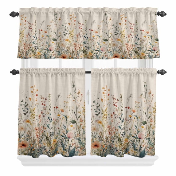 3 Piece Kitchen Curtains and Valances Set Vintage Botanical Cafe Curtains 24 Inch Length Spring Floral Summer Botanical Rustic Valance & Tier Curtain for Living Room Bedroom Window 54"x18"+27"x24"*2