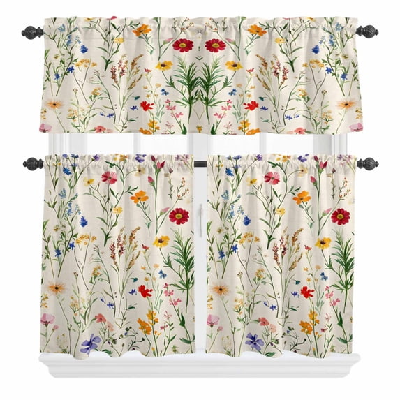 3 Piece Kitchen Curtains and Valances Set Vintage Floral Blossom Cafe Curtains 24 Inch Length Spring Summer Rustic Botanical Valance & Tier Curtain for Living Room Bedroom Window 54"x18"+27"x24"*2