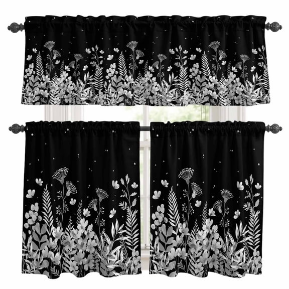 3 Piece Kitchen Curtains and Valances Set Vintage Floral Cafe Curtains 24 Inch Length Spring Wildflowers Country Botanical Black Valance & Tier Curtain for Living Room Bedroom 54"x18"+27"x24"*2