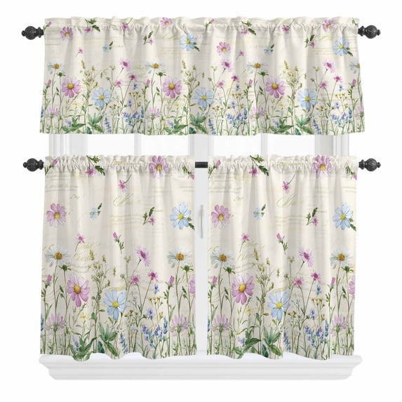 3 Piece Kitchen Curtains and Valances Set Vintage Flower Cafe Curtains 36 Inch Length Botanical Wildflower Plant Country Daisy Valance & Tier Curtain for Living Room Bedroom Window 54"x18"+27"x36"*2