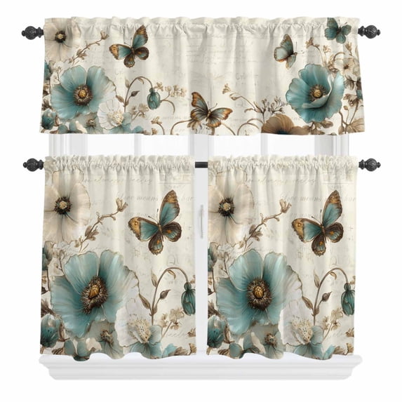 3 Piece Kitchen Curtains and Valances Set Vintage Flowers Cafe Curtains 36 Inch Length Spring Floral Teal Tulip Butterfly Valance & Tier Curtain for Living Room Bedroom Small Window 54"x18"+27"x36"*2