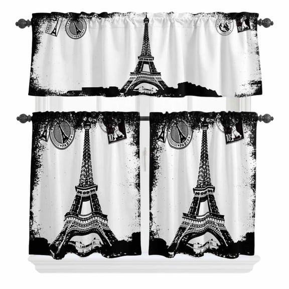 3 Piece Kitchen Curtains and Valances Set Vintage Paris Cafe Curtains 36 Inch Length Chic Shabby Retro Landscape Black White Valance & Tier Curtain for Living Room Bedroom Window 54"x18"+27"x36"*2