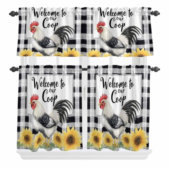 3 Piece Kitchen Curtains and Valances Set Vintage Rooster Cafe Curtains 24 Inch Length Black White Plaid Pastoral Sunflower Valance & Tier Curtain for Living Room Bedroom Window 54"x18"+27"x24"*2