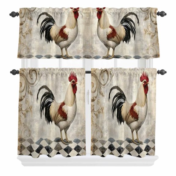 3 Piece Kitchen Curtains and Valances Set Vintage Rooster Cafe Curtains 24 Inch Length Farmhouse Animals Geometric Valance & Tier Curtain for Living Room Bedroom Small Window 54"x18"+27"x24"*2