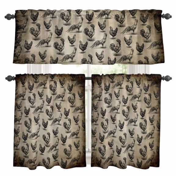 3 Piece Kitchen Curtains and Valances Set Vintage Rooster Cafe Curtains 24 Inch Length Farmhouse Animals Retro Art Valance & Tier Curtain for Living Room Bedroom Small Window 54"x18"+27"x24"*2