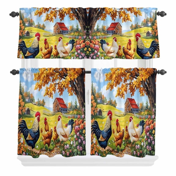 3 Piece Kitchen Curtains and Valances Set Vintage Rooster Cafe Curtains 24 Inch Length Farmhouse Animals Spring Floral Valance & Tier Curtain for Living Room Bedroom Small Window 54"x18"+27"x24"*2