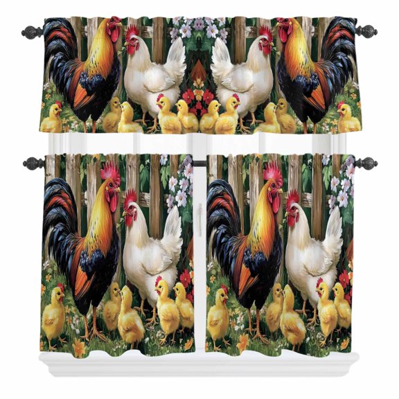 3 Piece Kitchen Curtains and Valances Set Vintage Rooster Cafe Curtains 24 Inch Length Farmhouse Animals Watercolor Flowers Valance & Tier Curtain for Living Room Bedroom Window 54"x18"+27"x24"*2
