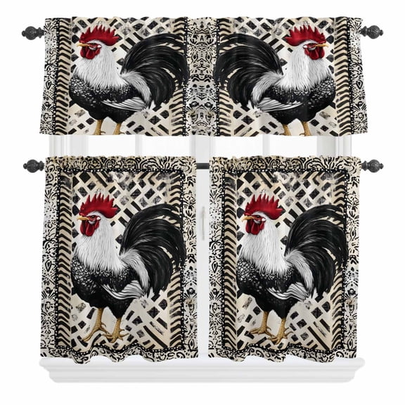 3 Piece Kitchen Curtains and Valances Set Vintage Rooster Cafe Curtains 24 Inch Length Farmhouse Black White Animals Watercolor Valance & Tier Curtain for Living Room Bedroom Window 54"x18"+27"x24"*2