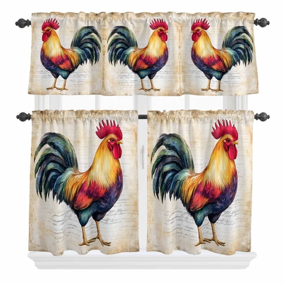 3 Piece Kitchen Curtains and Valances Set Vintage Rooster Cafe Curtains 24 Inch Length Farmhouse Retro Rustic Animal Prints Valance & Tier Curtain for Living Room Bedroom Window 54"x18"+27"x24"*2