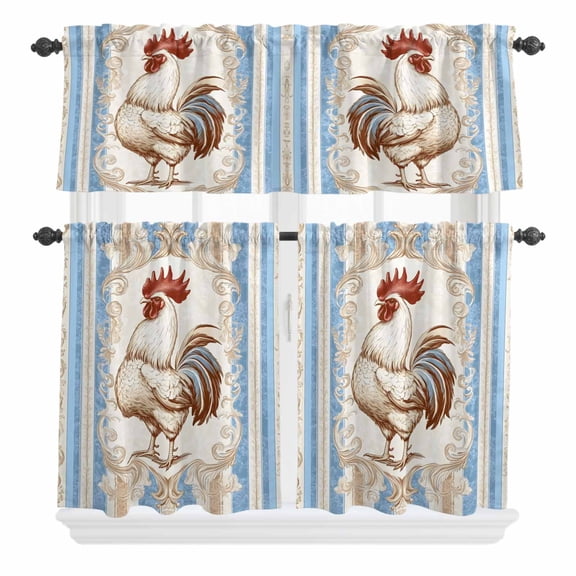 3 Piece Kitchen Curtains and Valances Set Vintage Rooster Cafe Curtains 24 Inch Length Farmhouse Striped Watercolor Animals Valance & Tier Curtain for Living Room Bedroom Window 54"x18"+27"x24"*2