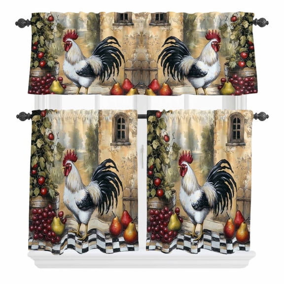3 Piece Kitchen Curtains and Valances Set Vintage Rooster Cafe Curtains 24 Inch Length Pastoral Animals Plaid Valance & Tier Curtain for Living Room Bedroom Small Window 54"x18"+27"x24"*2