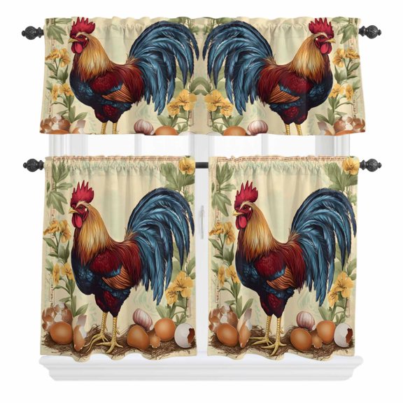 3 Piece Kitchen Curtains and Valances Set Vintage Rooster Cafe Curtains 24 Inch Length Retro Summer Flowers Pastoral Valance & Tier Curtain for Living Room Bedroom Small Window 54"x18"+27"x24"*2