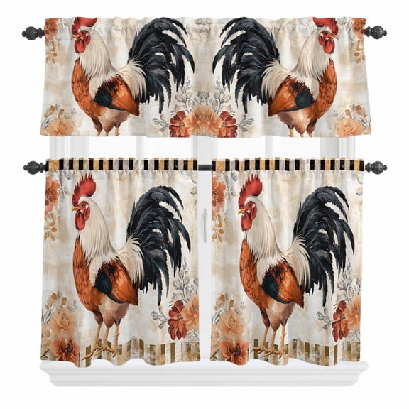 3 Piece Kitchen Curtains and Valances Set Vintage Rooster Cafe Curtains 24 Inch Length Spring Floral Elegant Animals Valance & Tier Curtain for Living Room Bedroom Small Window 54"x18"+27"x24"*2
