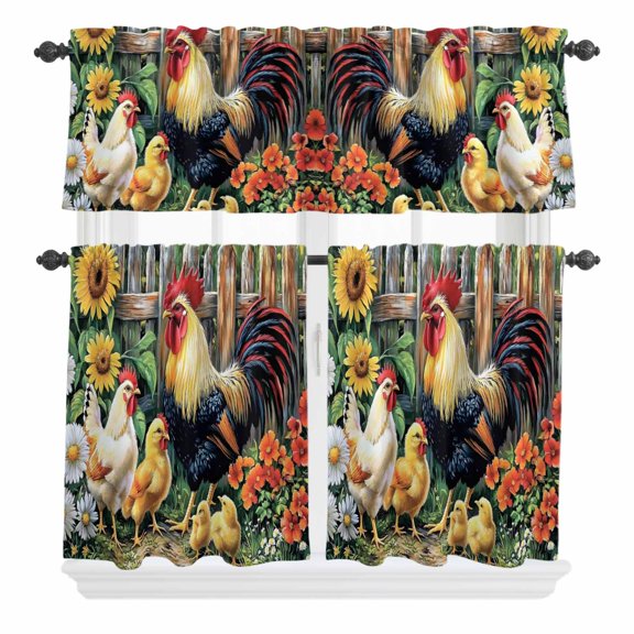 3 Piece Kitchen Curtains and Valances Set Vintage Rooster Cafe Curtains 24 Inch Length Spring Flower Pastoral Animals Valance & Tier Curtain for Living Room Bedroom Small Window 54"x18"+27"x24"*2
