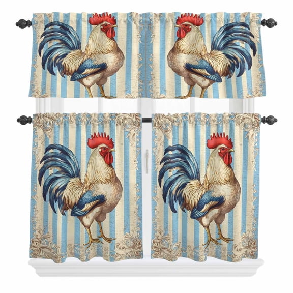 3 Piece Kitchen Curtains and Valances Set Vintage Rooster Cafe Curtains 24 Inch Length Striped Farmhouse Animals Watercolor Valance & Tier Curtain for Living Room Bedroom Window 54"x18"+27"x24"*2