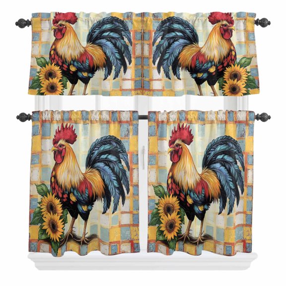 3 Piece Kitchen Curtains and Valances Set Vintage Rooster Cafe Curtains 24 Inch Length Sunflower Animals Farmhouse Plaid Valance & Tier Curtain for Living Room Bedroom Small Window 54"x18"+27"x24"*2