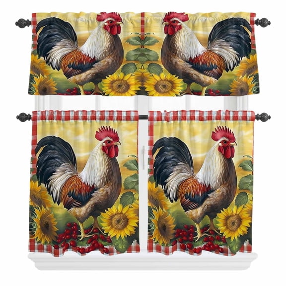3 Piece Kitchen Curtains and Valances Set Vintage Rooster Cafe Curtains 24 Inch Length Sunflower Plaid Farmhouse Animals Valance & Tier Curtain for Living Room Bedroom Small Window 54"x18"+27"x24"*2