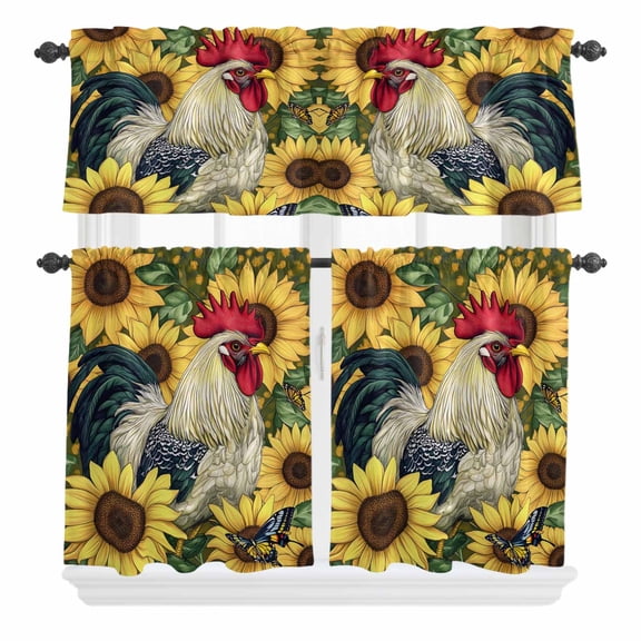 3 Piece Kitchen Curtains and Valances Set Vintage Rooster Cafe Curtains 24 Inch Length Watercolor Farmhouse Sunflower Animals Valance & Tier Curtain for Living Room Bedroom Window 54"x18"+27"x24"*2
