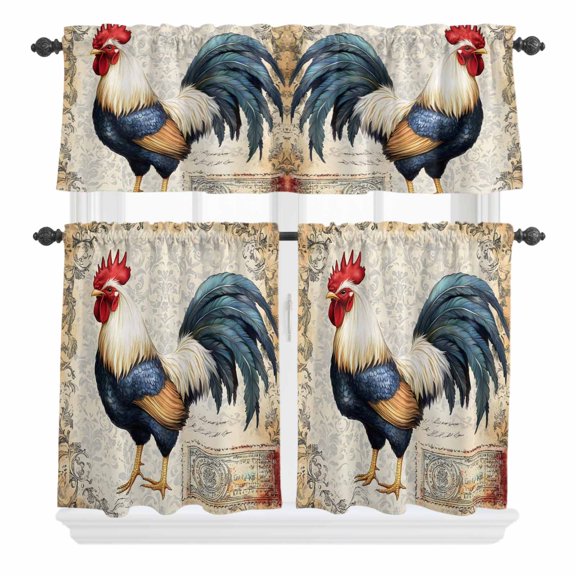 3 Piece Kitchen Curtains and Valances Set Vintage Rooster Cafe Curtains 24 Inch Length Watercolor Pastoral Animals Botanical Valance & Tier Curtain for Living Room Bedroom Window 54"x18"+27"x24"*2