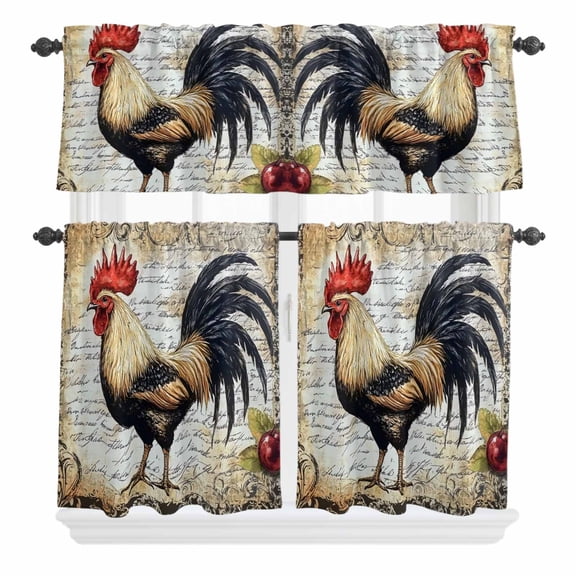 3 Piece Kitchen Curtains and Valances Set Vintage Rooster Cafe Curtains 24 Inch Length Watercolor Pastoral Animals Valance & Tier Curtain for Living Room Bedroom Small Window 54"x18"+27"x24"*2